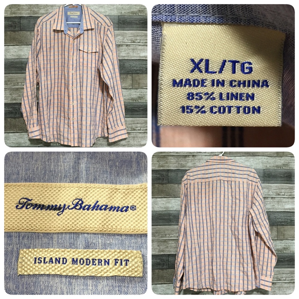 Tommy Bahama Island Modern Fit Linen Blend Plaid Button Up Shirt Men’s XL Coral
